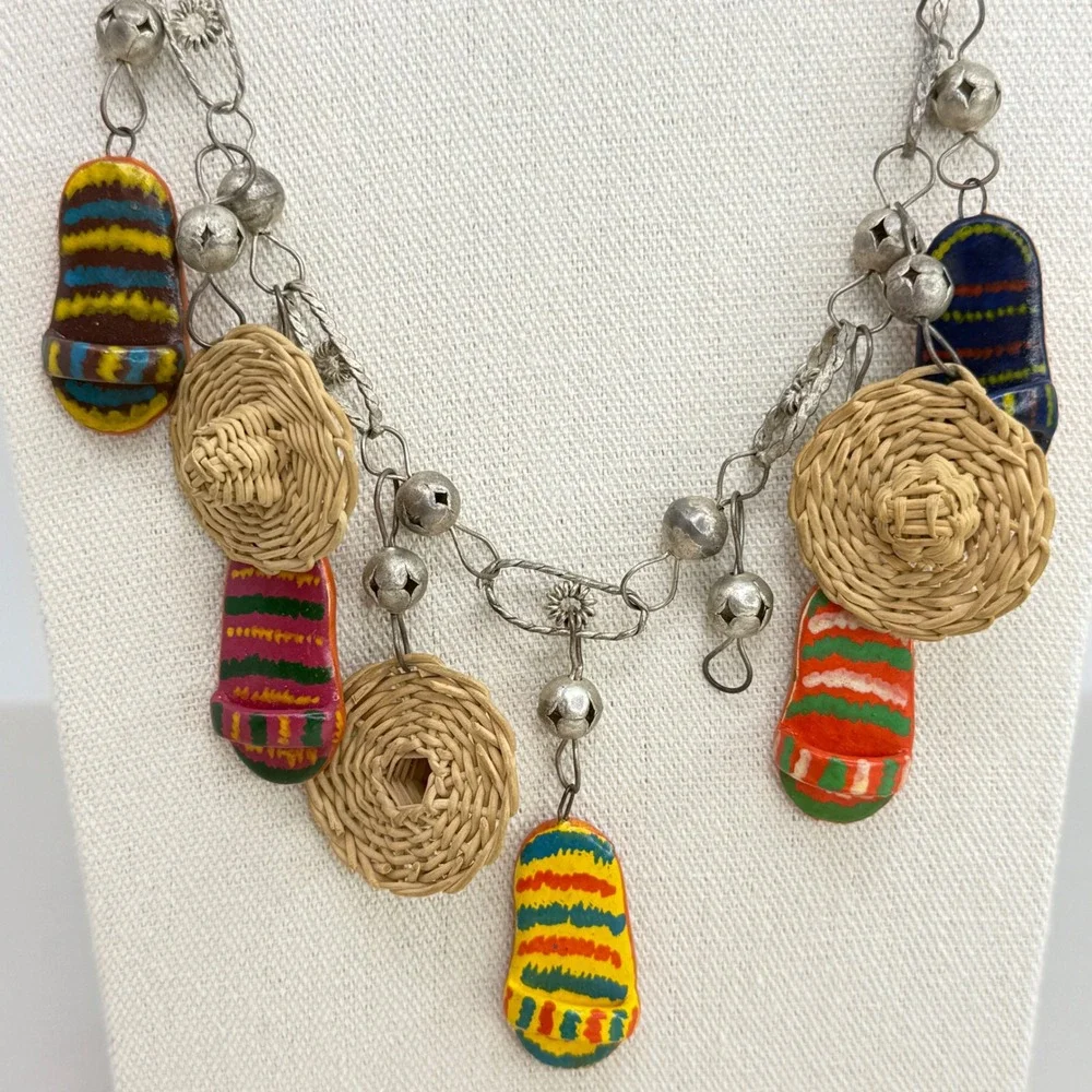Vintage Mexican Wedding Necklace Folk Art Sombrero Huarache Charms Silver Tone